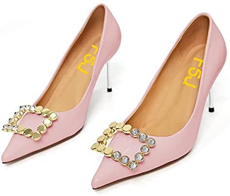 FSJ Women Fashion Pointed Toe Studded Classic Stiletto High Heel Dress Slip on Pumps Cute Buckle Wedding Party Shoes with Rhinestone Size 4-15 US