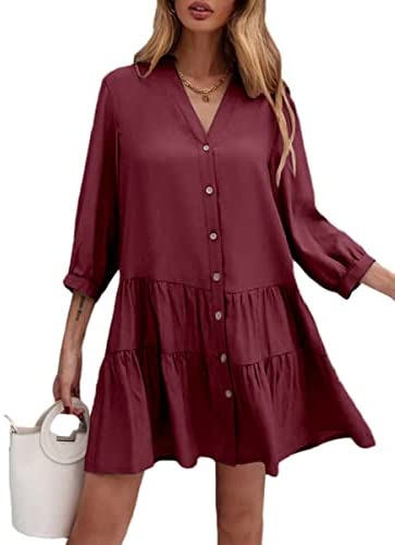Dyexces Womens Long Sleeve Shift Dress V-Neck Button Up A-Line Midi Dress Summer Casual Loose Swing Tunic Dress
