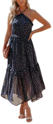 Womens Sexy Sleeveless Halter Neck Backless Floral Polka Dots Print Ruffle Tiered Boho Chiffon Flowy Long Maxi Dress