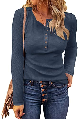WNEEDU Women's Waffle Knit Tops Casual Long Sleeve Blouses Slim Fit Button Down V Neck Henley Shirts