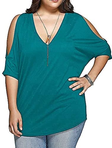 Women Plus Size Tops V Neck Short Sleeve Batwing Top Cold Shoulder T Shirt