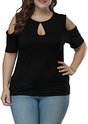 Women's Plus Size Top Keyhole Front Short Sleeve Cold Shoulder T Shirt