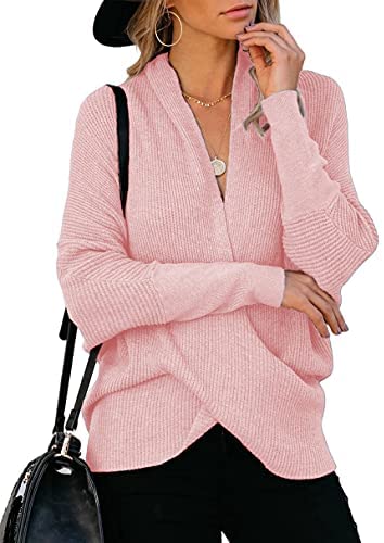Women Casual Knitted V Neck Sweaters Long Sleeve Cross Wrap Front Asymmetric Hem Solid Pullover Top