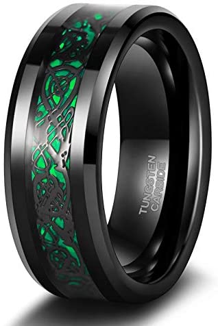 TRUMIUM 8mm Tungsten Ring for Men Celtic Dragon Inlay Red/ Green Mens Wedding Bands Comfort Fit Size 7-13
