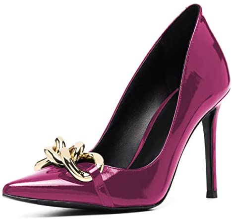 FSJ Women Fashion Pointed Toe Stilleto Heels Dress Pumps Metal Chain Slip On Wide Width High Heel Pumps Evening Party Shoes Size 4-15 US