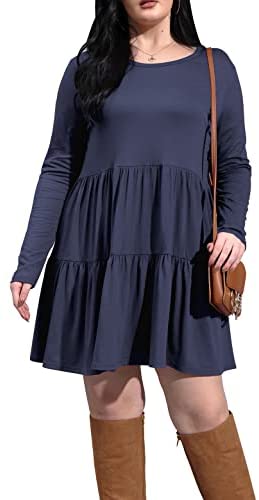 Plus Size Dress Long Sleeve Tiered Midi Dresses for Women Casual Fall Loose Party Knee Length Tshirt Dresses
