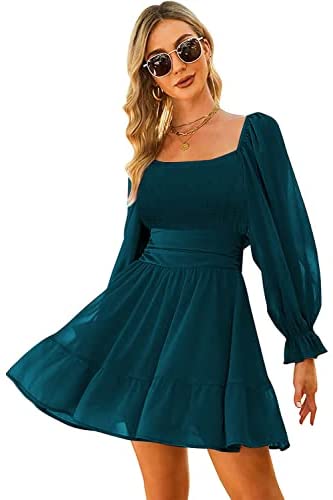 Women Elastic Smocked Bust Tie Back Long Puff Sleeve Square Neck Ruffle Dress A-line Casual Mini Dress