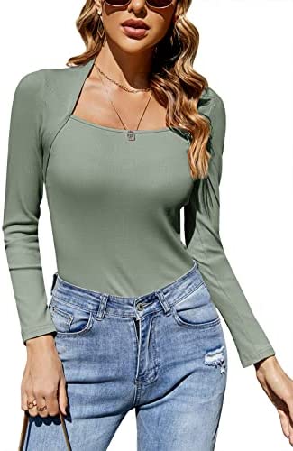 GAMISOTE Womens Slim Fit Long Sleeve Tops Scoop Neck Ribbed Knit Night Out Tunic Blouses