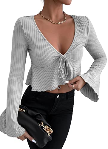 Womens Deep V Neck Crop Tee Ribbed Long Bell Sleeve Drawstring Casual Tie Front Blouse Solid Color Ruffle Hem Pullover Tops