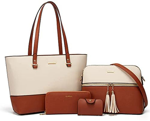 Women Fashion Synthetic Leather Handbags Tote Bag Shoulder Bag Top Handle Satchel Purse Set 4pcs