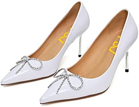 FSJ Women Fashion Pointed Toe Studded Classic Stiletto High Heel Dress Slip on Pumps Cute Buckle Wedding Party Shoes with Rhinestone Size 4-15 US