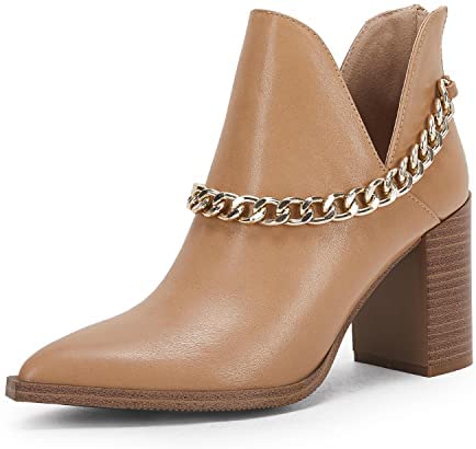 Womens V Cut Out Ankle Boots Chunky Block Back Zipper Booties Pointed Toe Comfortable Shoes with Metal Chain
