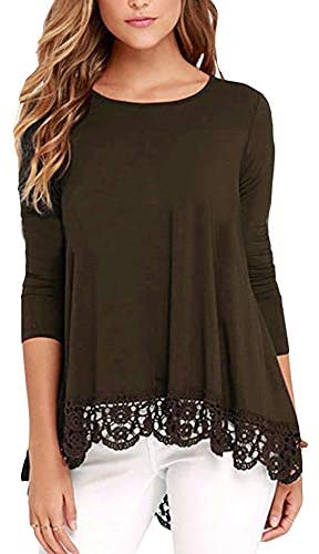 Women's O Neck Long Short Sleeve Solid Blouses Lace Trim A Line Shirts