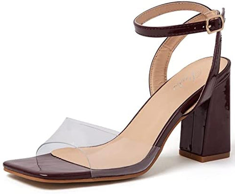 Putu Women's Clear Square Open Toe Heeled Sandals Ankle Strap Chunky Block High Heels Buckle Strappy Dressy Heeled Sandals