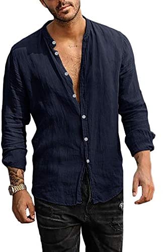 Men's Linen Button Down Shirt Long Sleeve Casual Loose Hippie Beach Yoga T-Shirts Tops