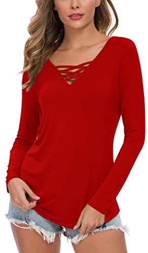 WNEEDU Women's Casual Long Sleeve T-Shirt Criss Cross V-Neck Basic Tees Tops