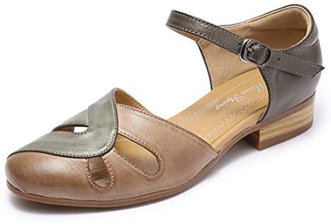 Mona flying Women Leather Tatianna Dress Sandals Closed Toe Low Heels Strappy Flats Summer Casual Shoes