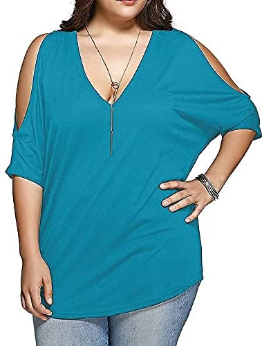 Women Plus Size Tops V Neck Short Sleeve Batwing Top Cold Shoulder T Shirt