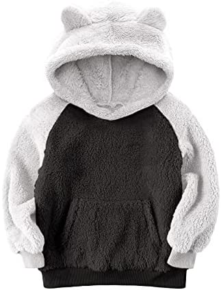 Baby Kids Girls Boys Fluffy Hoodies Sherpa Fleece Sweatshirts Winter Coats Cute Ear Pullovers with Kangaroo Pocket