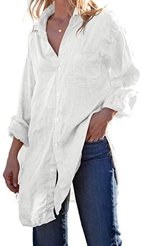 Karlywindow Womens Button Down Tunic Shirts Cotton Linen Long Sleeve Work Blouse Loose Casual Beach Cover Up Shirt
