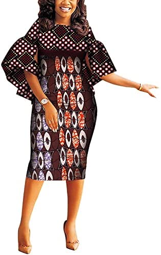 Women African Dashiki Dresses Traditional Print Patchwork Knee Length Dress for Lady