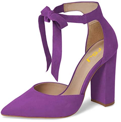 FSJ Women Faux Suede Chunky Block Heel Pump D'Orsay Pointed Toe Ankle Strap Lace Up Sandals Size 4-15 US