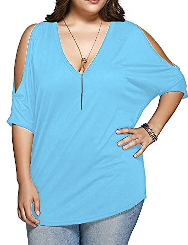 Women Plus Size Tops V Neck Short Sleeve Batwing Top Cold Shoulder T Shirt
