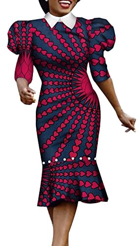 XIAOHUAGUA African Dashiki Print Dresses for Women Half Puff Sleeve Pearls Elegant Party Dress