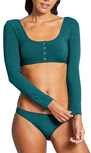 GAMISOTE Women Two Piece Swimsuits Long Sleeve Button Up Crop Top Bikini Bottoms Swimwear