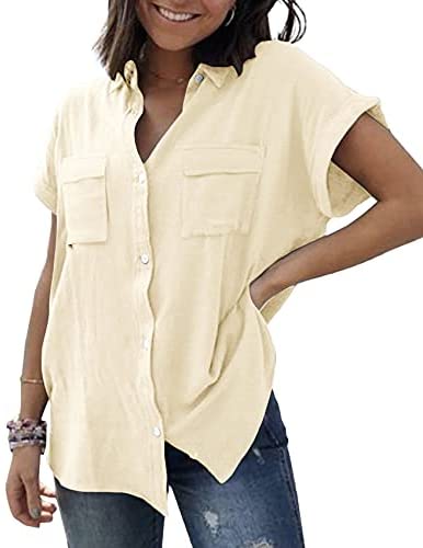 Womens V Neck Button Down Shirt Cuffed Sleeve Summer Beach Casual Tops Loose Fit Blouse with Two Side Pockets