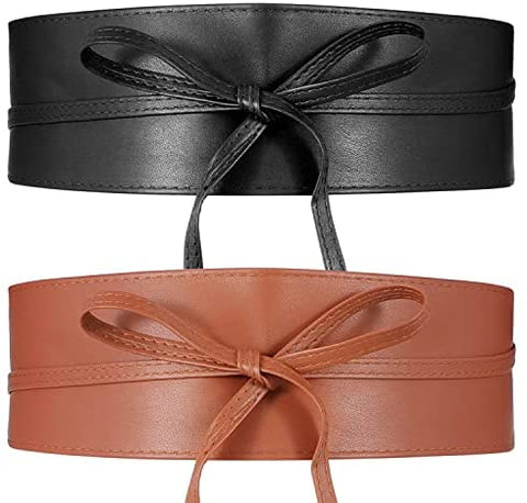 Womens Waist Belts For Dress Wide Leather Cinch Belt Lace Up Wrap Around Obi Bowknot Waistband