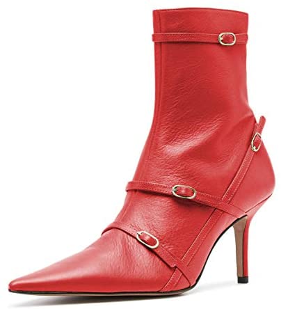 FSJ Women Pointed Toe Ankle Boots with Cross Buckle Straps Decoration Fashion Elegant Mid Low Heel Booties Ankle Wrap Zip Up Evening Party Dress Shoes Size 4-15 US