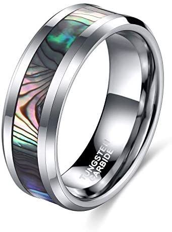 6mm 8mm Tungsten Ring Abalone Inlay Natural Silver Wedding Band for Men Women Comfort Fit Size 4-15