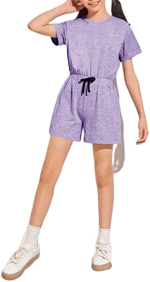 Girls Kids Crewneck Shorts Rompers Short Sleeve Drawstring Back Zipper Cotton Cute One Piece Outfits Jumpsuit