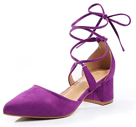 Heel The World Women's Pointed Toe Dress Pumps Lace Up Low Block Heels