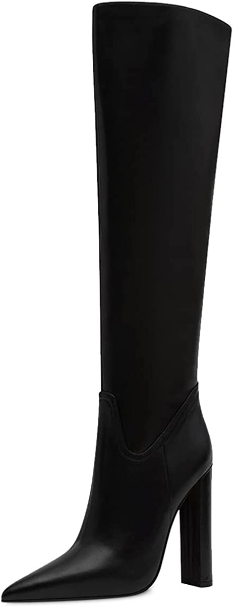 FSJ Women Sexy Knee High Chunky Heel Boots Matte Leather Closed Pointed Toe Side Zipper High Heeled Wide Calf Winter Fashion Dress Booties 4-15 M US