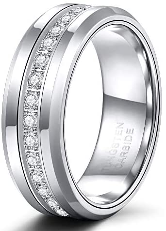 8mm Mens Tungsten Wedding Bands with Cubic Zirconia Eternity Ring CZ Inlaid High Polish Size 7-13
