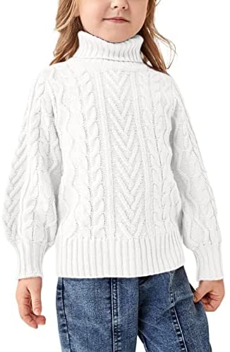Girls Sweater Turtle Neck Puff Sleeve Chunky Cable Knit Kids Pullover Jumper Top