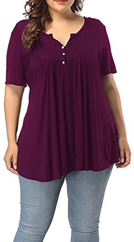Women's Plus Size Henley V Neck Button Up Tunic Tops Casual Short Sleeve Ruffle Blouse Shirts