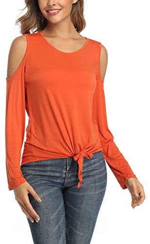 Women's Cold Shoulder Shirt Long Sleeve Blouse T-Shirt Casual Front Tie Knot Tops