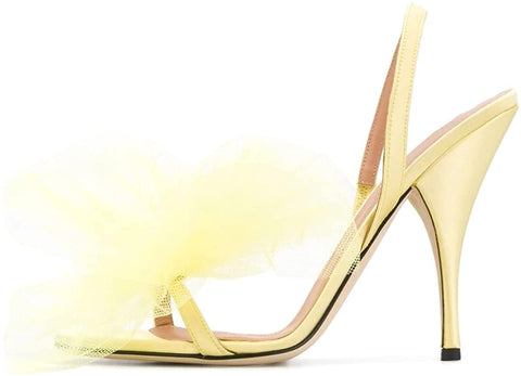 FSJ Women Fashion Large Floral Mesh Bow Open Toe Stylish Mid Heels Stiletto Pumps Elastic Slingback Sandals Slip on Shoes Wedding Dress Comfy Shoes Size 4-15 US