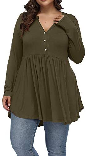 Women's Plus Size Henley V Neck Button Tunic Tops Long sleeve Swing Flowy Shirts