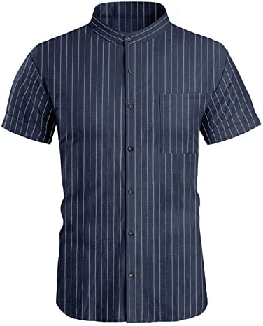 Men's Casual Mandarin Collar Shirts Button Down Vertical Stripes Short Sleeve Tops Shirt with Chest Pocket
