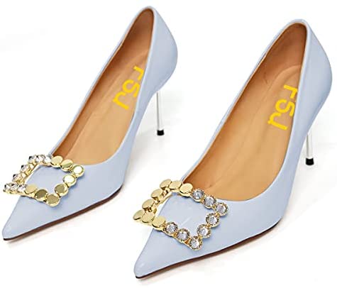 FSJ Women Fashion Pointed Toe Studded Classic Stiletto High Heel Dress Slip on Pumps Cute Buckle Wedding Party Shoes with Rhinestone Size 4-15 US