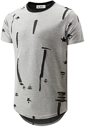 KLIEGOU Mens Hipster Hip Hop Ripped Round Hemline Hole T Shirt(1705)