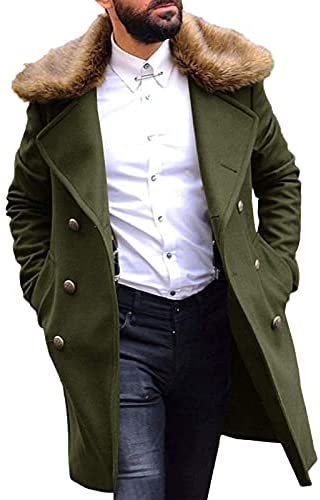 Mens Stylish Trench Coat Removable Faux Fur Collar Topscoat Double Breasted Winter Overcoat Warm Long Pea Coat