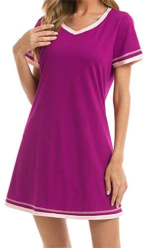 Aoysky Women's Long Nightgown Short Sleeve Nightwear V Neck Soft Sleep Dress Sleepwear