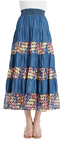 Womens Tencel Denim Long Midi Skirt Tired Multi Layers Fancy Geometric Print Patchwork