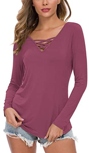 WNEEDU Women's Casual Long Sleeve T-Shirt Criss Cross V-Neck Basic Tees Tops