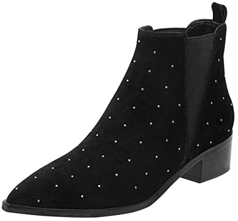 FSJ Women Pointed Toe Chelsea Ankle Booties Block Low Heels Studded Boots Comfortable Trendy Suede Daily Fall Shoes Size 4-15 US